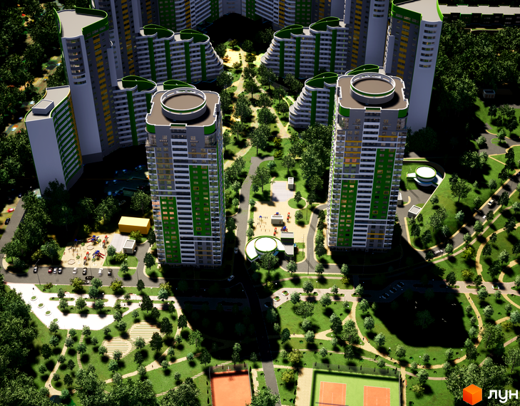 Житловий комплекс Паркове місто з висотними будинками сіро-зеленого кольору. Навколо багато дерев, зелені зони, дитячі майданчики та спортивні корти.