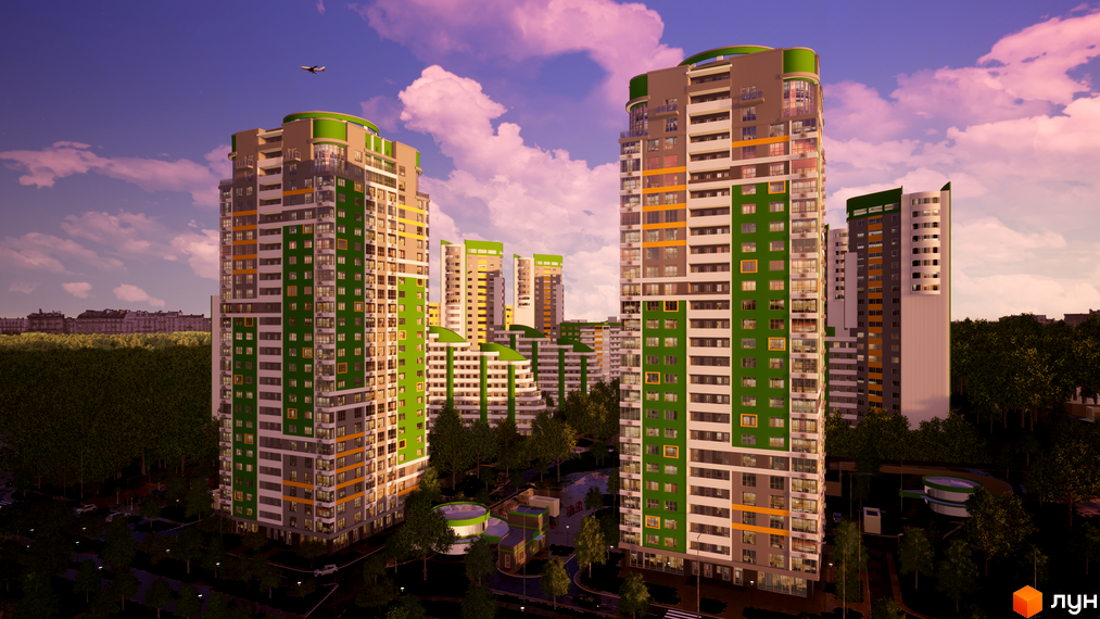 Житловий комплекс Паркове місто: високі будинки з біло-зеленими фасадами та жовтими елементами. Територія оточена деревами, має дитячі майданчики.