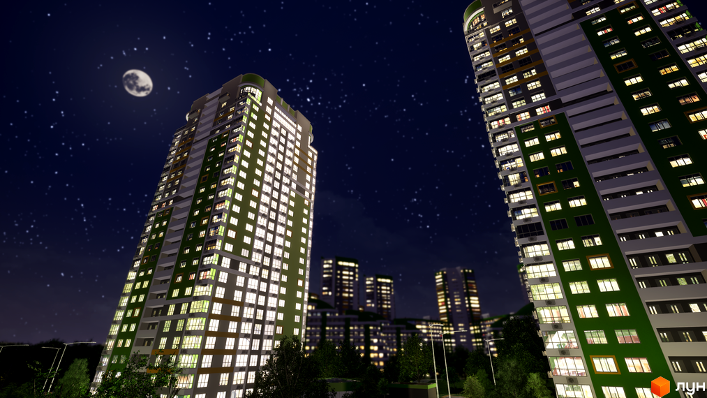 Житловий комплекс Паркове місто вночі: високі будинки з освітленими вікнами, оточені деревами під зоряним небом з місяцем.