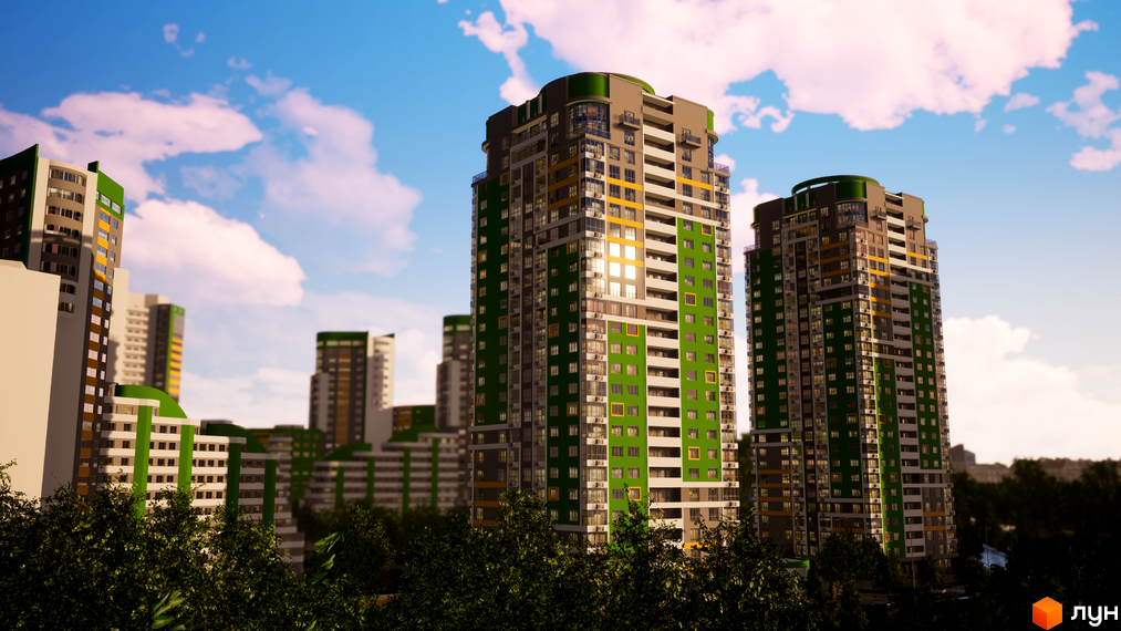 Житловий комплекс Паркове місто: багатоповерхові будинки з зеленими та жовтими елементами на фасадах, оточені густими деревами.