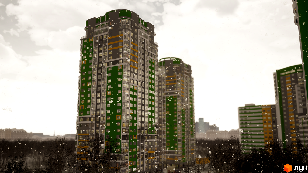 Високі житлові будинки Житлового комплексу Паркове місто з фасадами зеленого та сірого кольорів, доповненими жовтими елементами. Навколо видно дерева без листя та білі пластівці.