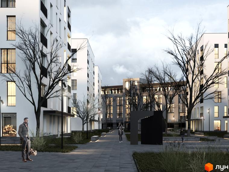 Новобудова ЖК Квадрат. Сучасний житловий комплекс з просторим внутрішнім двором, пішохідними алеями та зонами відпочинку.