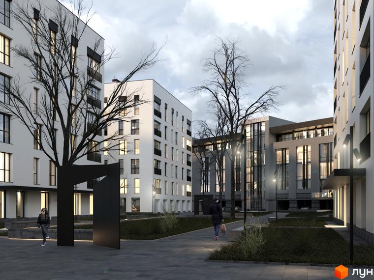 Зовнішній вигляд житлового комплексу Квадрат з білими фасадами, великими вікнами та прибудинковою територією з деревами та пішохідними доріжками.