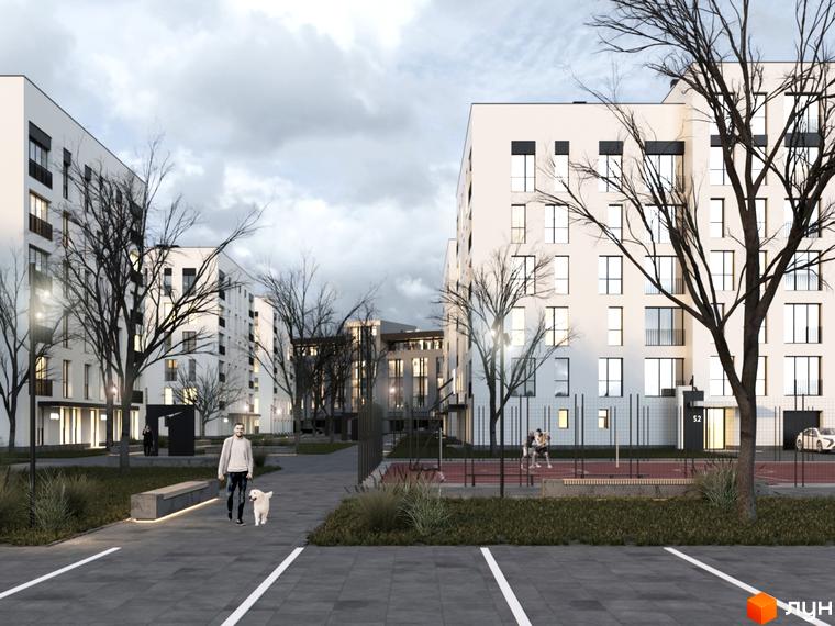 Житловий комплекс Квадрат. Зовнішній вигляд білих багатоквартирних будинків з чорними вікнами та балконами, прибудинкова територія з пішохідними доріжками та місцями для відпочинку.