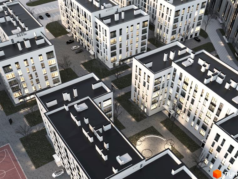 Новобудова Квадрат з білими фасадами та чорними дахами, оточена доглянутою прибудинковою територією з освітленням та зеленими насадженнями.