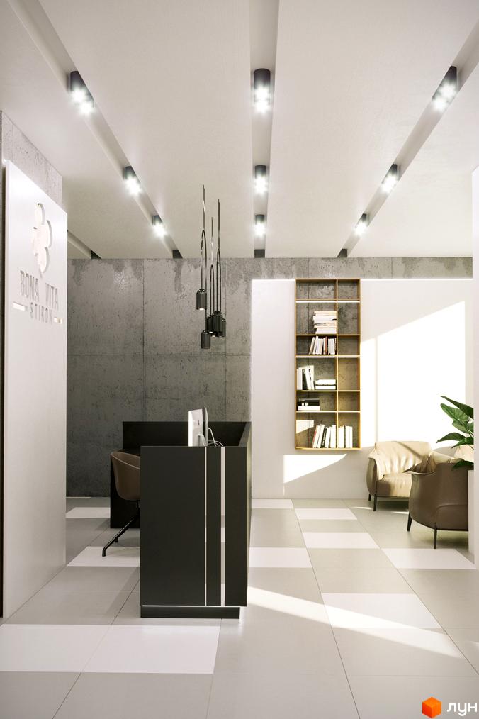 Інтер'єр холу житлового комплексу Прохоровський квартал з рецепцією та зоною очікування.