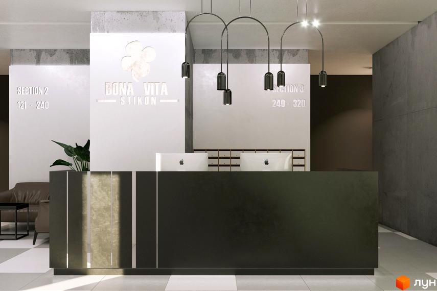 Стійка рецепції в сучасному стилі з логотипом ЖК Прохоровський квартал. Інтер'єр новобудови з елементами дизайну.