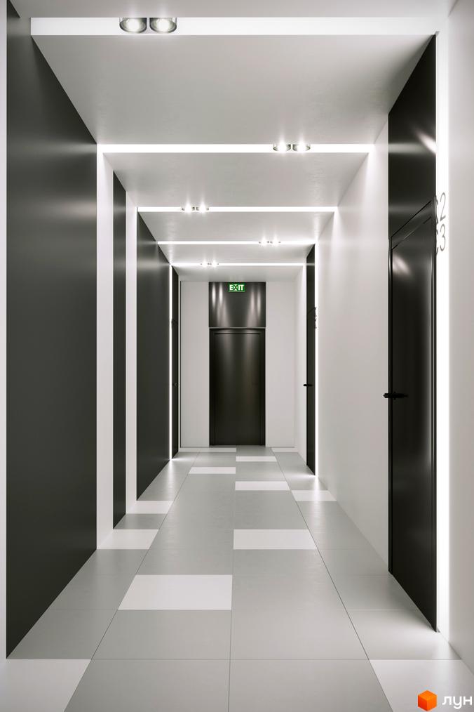 Сучасний коридор з дверима та освітленням у житловому комплексі Прохоровський квартал. Стильний дизайн інтер'єру новобудови.