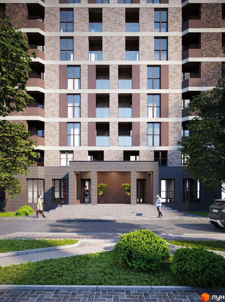 Фасад житлового комплексу Прохоровський квартал з цегляним оздобленням та балконами. Прибудинкова територія з зеленими насадженнями та доріжками.