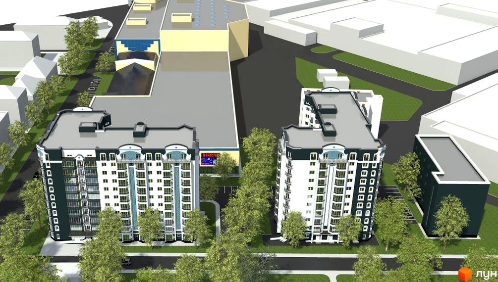 Зовнішній вигляд житлового комплексу Павленківська площа, 3а, з багатоповерховими будинками та прибудинковою територією з деревами та парковкою.