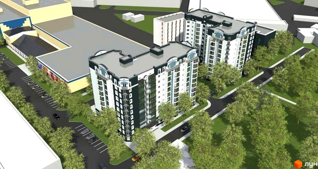 Зовнішній вигляд житлового комплексу Павленківська площа, 3а з багатоповерховими будинками та прибудинковою територією з деревами та парковкою. Ознайомлення з архітектурою новобудови.