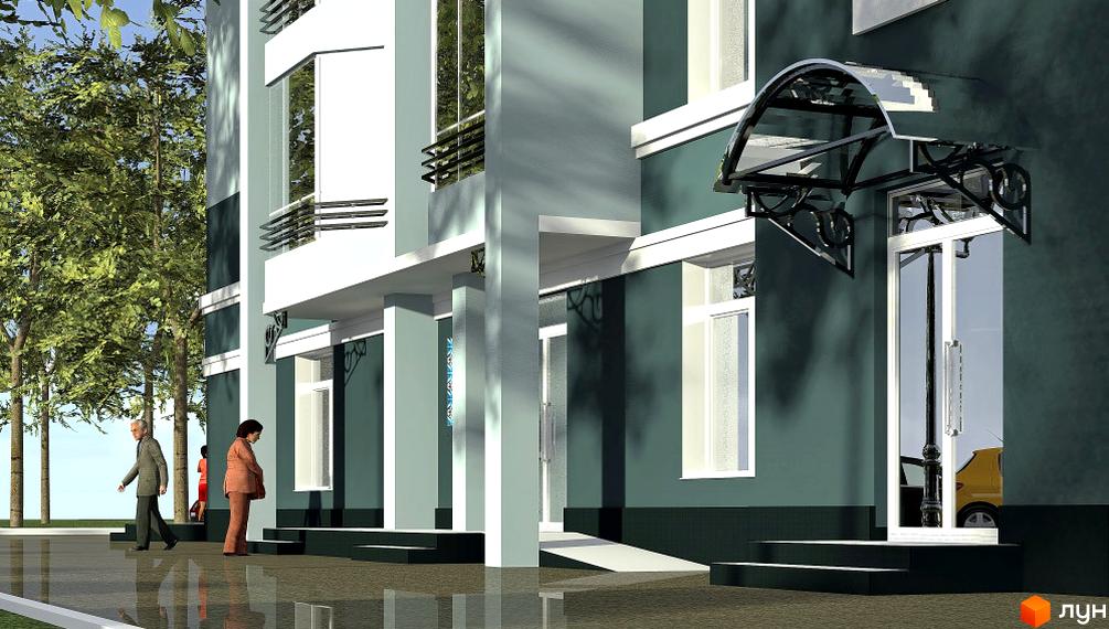 Фасад житлового комплексу Павленківська площа, 3а, з елементами декору та прибудинковою територією з деревами та пішохідними доріжками.