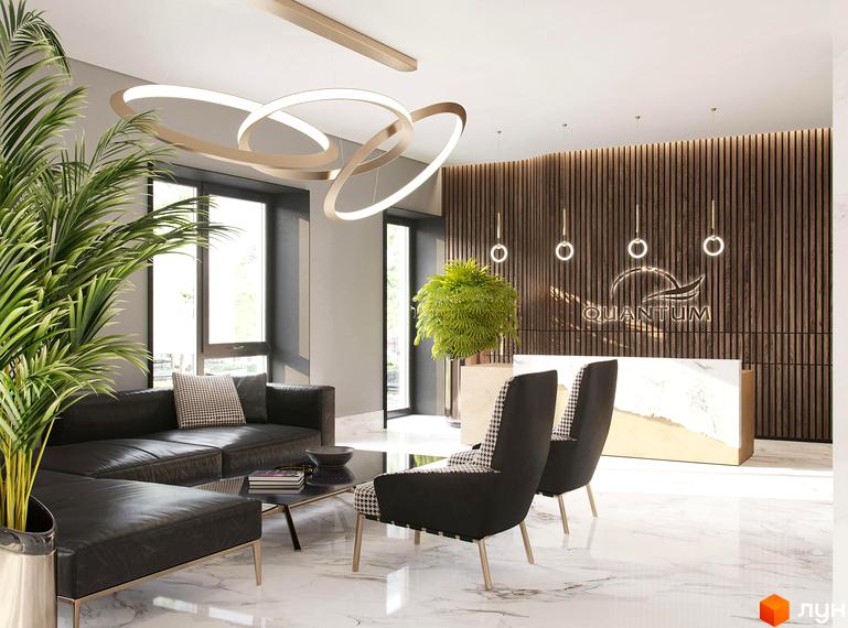 Інтер'єр холу Житлового комплексу Baltiysʹka Hall: зона відпочинку з диваном, кріслами, кавовим столиком та стійка реєстрації.