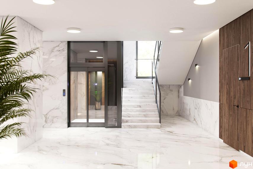 Просторий хол Житлового комплексу Baltiysʹka Hall з білими мармуровими стінами та підлогою, скляним ліфтом і сходами.