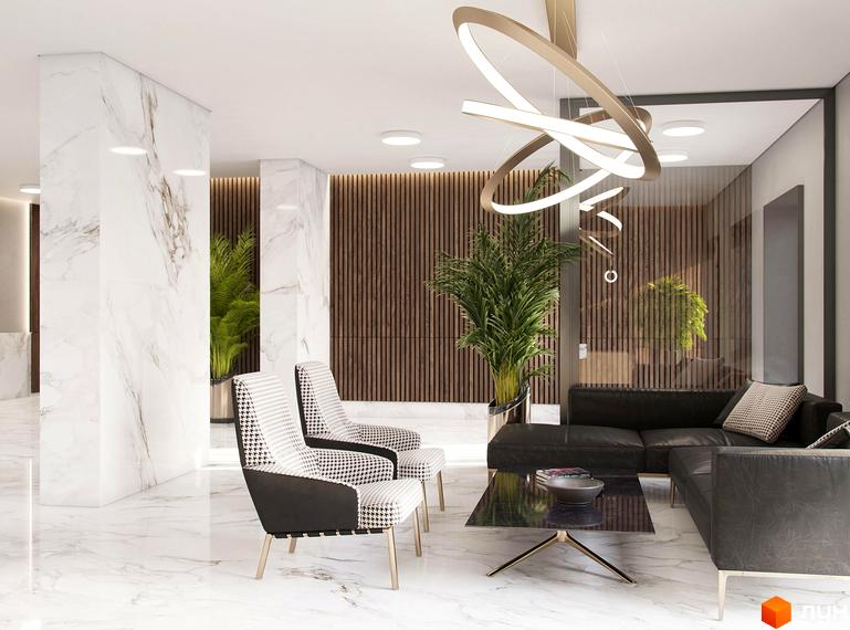 Лобі Житлового комплексу Baltiysʹka Hall з білим мармуром, дерев'яними панелями, великими рослинами та зоною відпочинку.