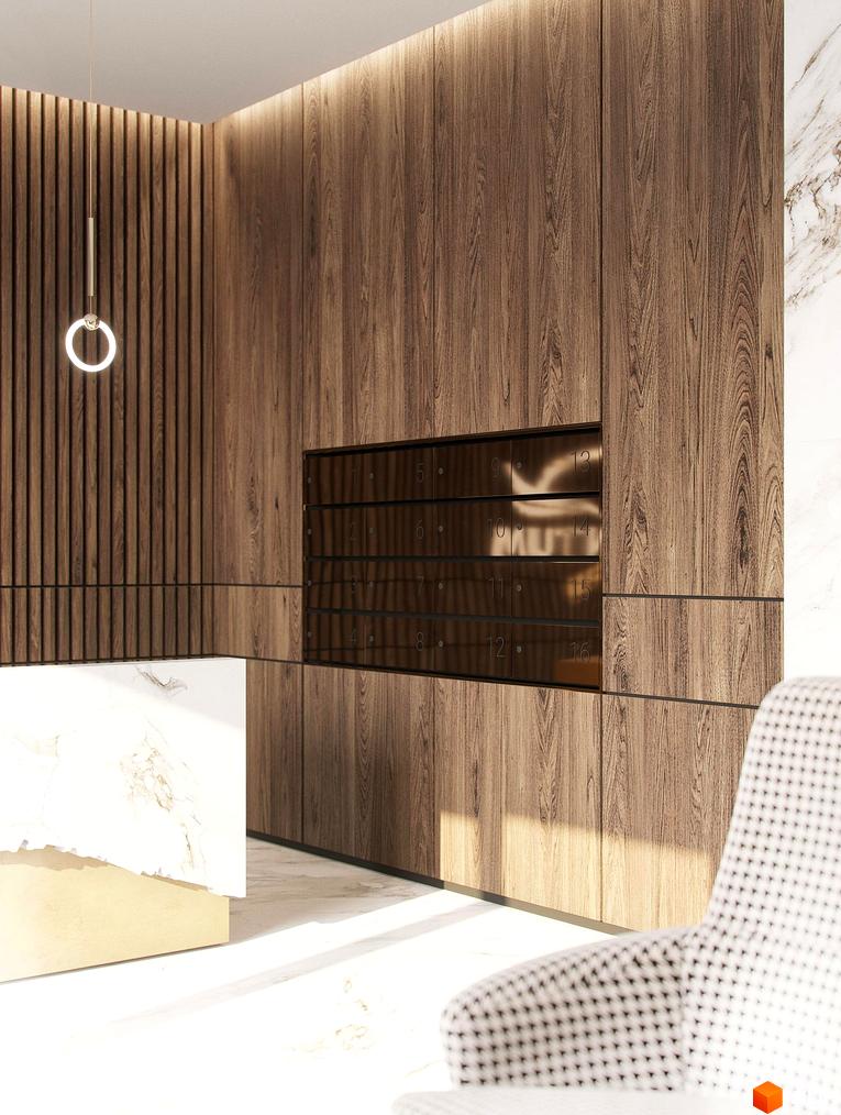 Зона холу Житлового комплексу Baltiysʹka Hall з дерев'яними стіновими панелями, вбудованими поштовими скриньками та елементами з мармуру.