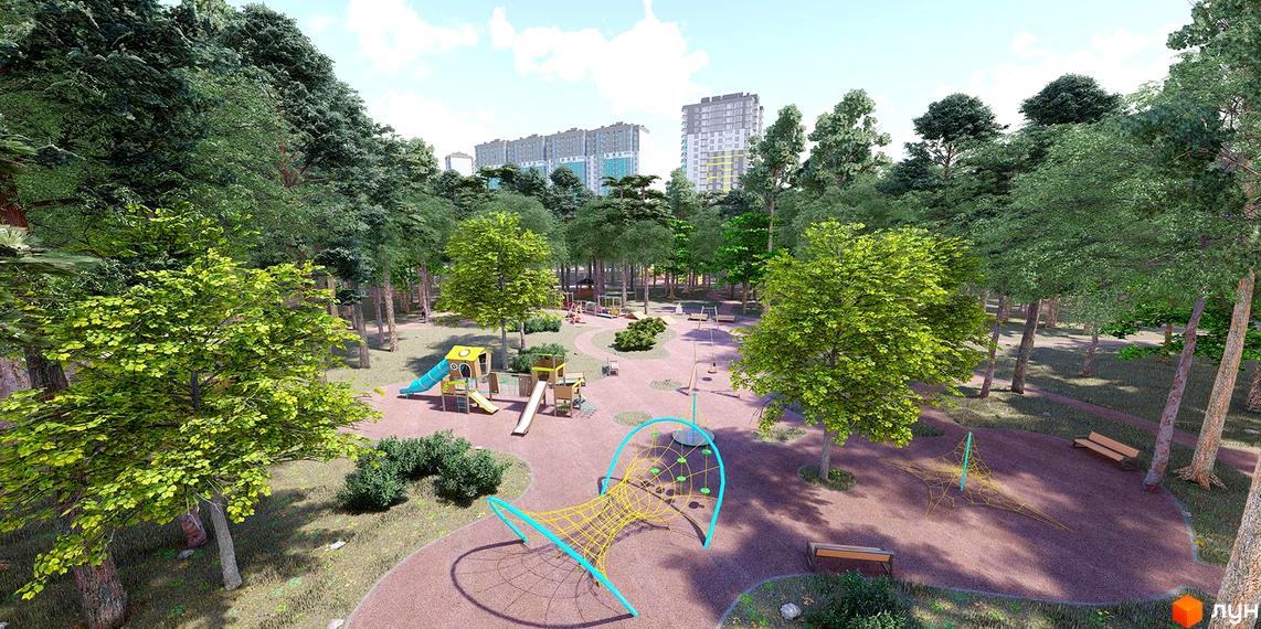 Житловий комплекс Теремки: дитячий майданчик з гірками та гойдалками серед дерев. На задньому плані видно багатоповерхові будинки.