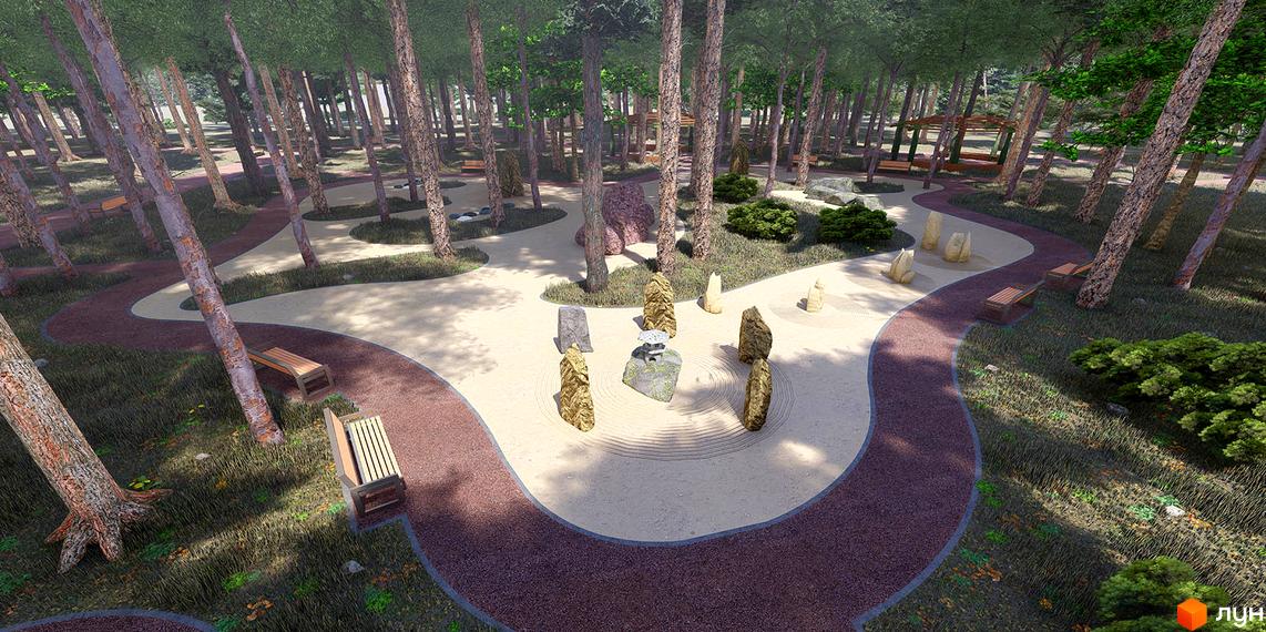 Житловий комплекс Теремки: зелена зона з доріжками та зонами відпочинку. Паркова зона з доріжками, лавками та елементами японського саду.