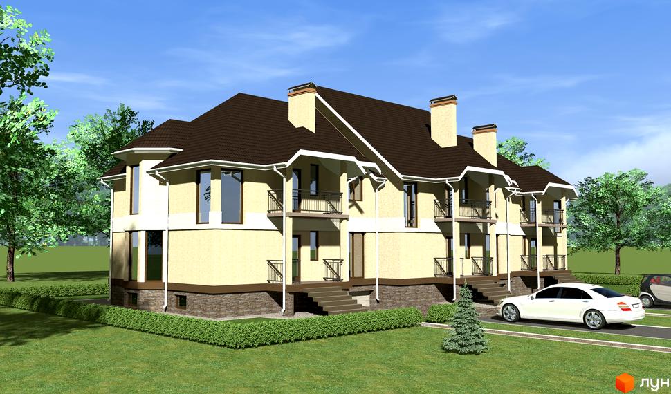 Таунхауси Europa Haus з коричневим дахом та світлими стінами, розташовані на доглянутій зеленій території з деревами та автомобілями.