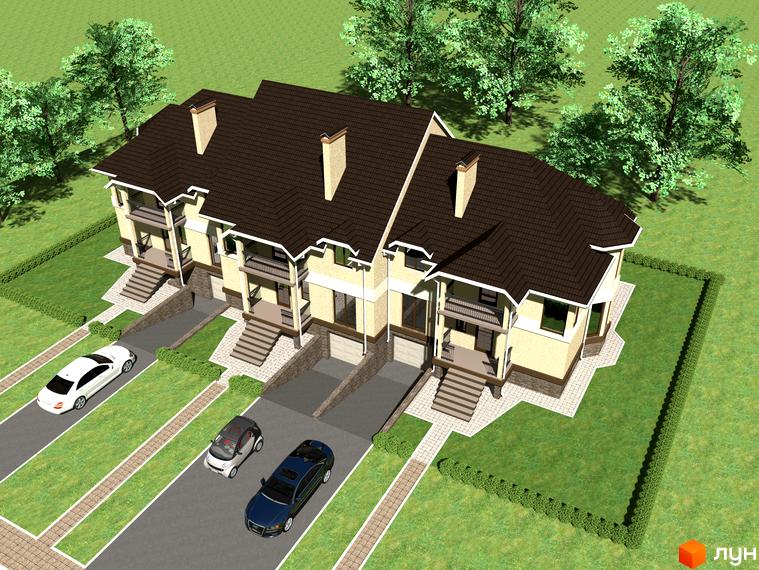 Таунхауси Europa Haus з коричневим дахом та світлими фасадами, розташовані на доглянутій зеленій ділянці з доріжками та автомобілями.