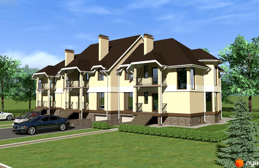 Зовнішній вигляд таунхаусів Europa Haus з коричневим дахом та світлими стінами, прибудинкова територія з газоном та автомобілями.