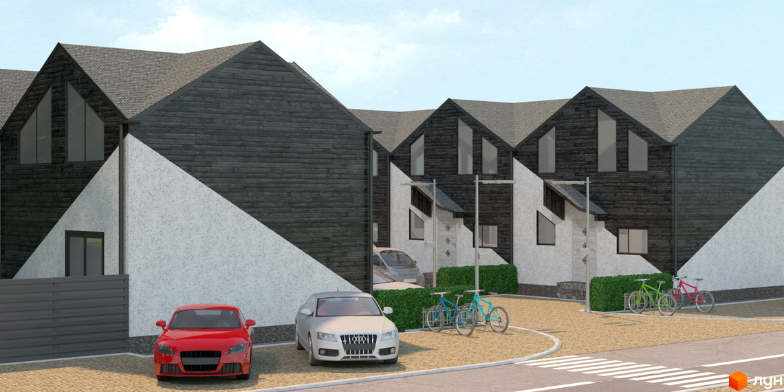 Таунхауси Кримський квартал: фасади з темного дерева та білої штукатурки, прибудинкова територія з автомобілями та велосипедами.