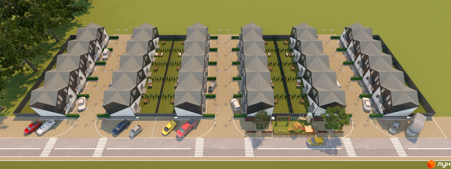Зображення таунхаусів «Кримський квартал» з сірими дахами та білими стінами, поруч з будинками припарковані автомобілі.
