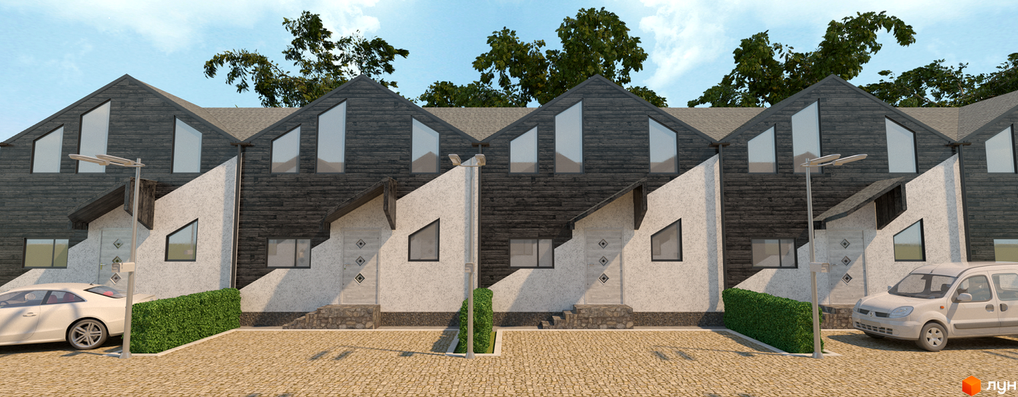 Зображення таунхаусів Житлового комплексу „Кримський квартал“ з чорним фасадом та білою прибудинковою територією.