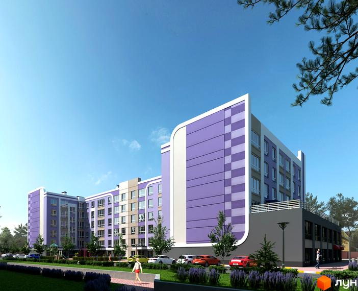 Зображення фасаду та прибудинкової території Житлового комплексу Rococo viol. Вигляд новобудови ззовні та озеленена територія.