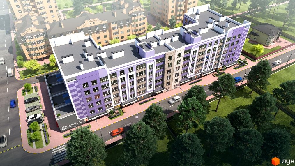 Зображення Житлового комплексу Rococo viol з висоти пташиного польоту. На фото будинок з паркінгом та прибудинковою територією.