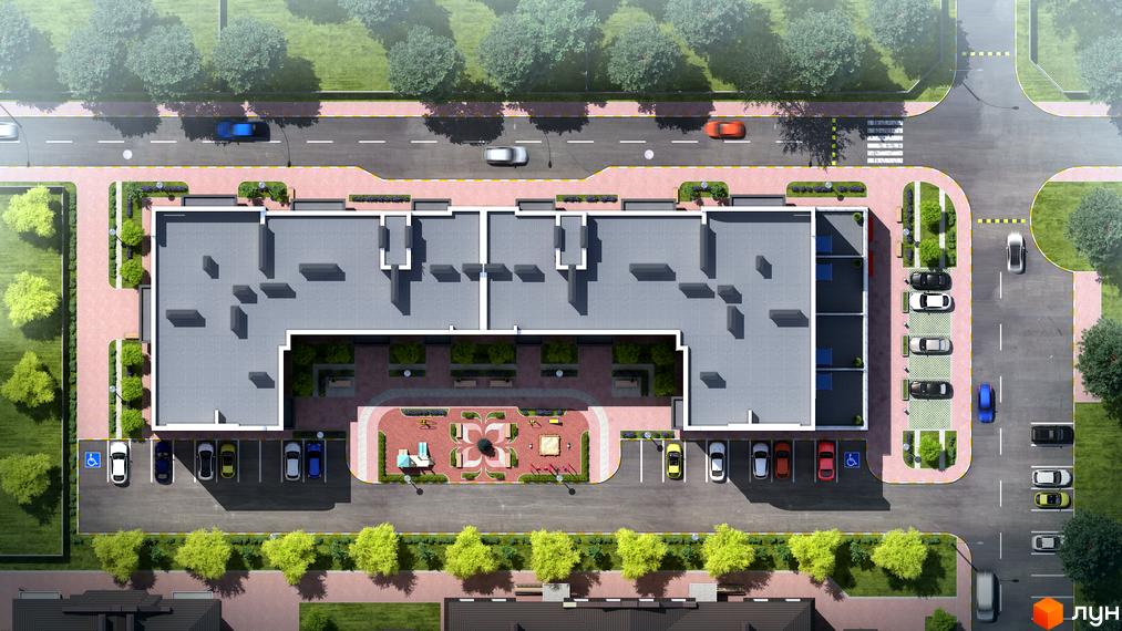 Вигляд зверху на Житловий комплекс Rococo viol: сірий будинок з дитячим майданчиком у дворі та парковкою для авто.