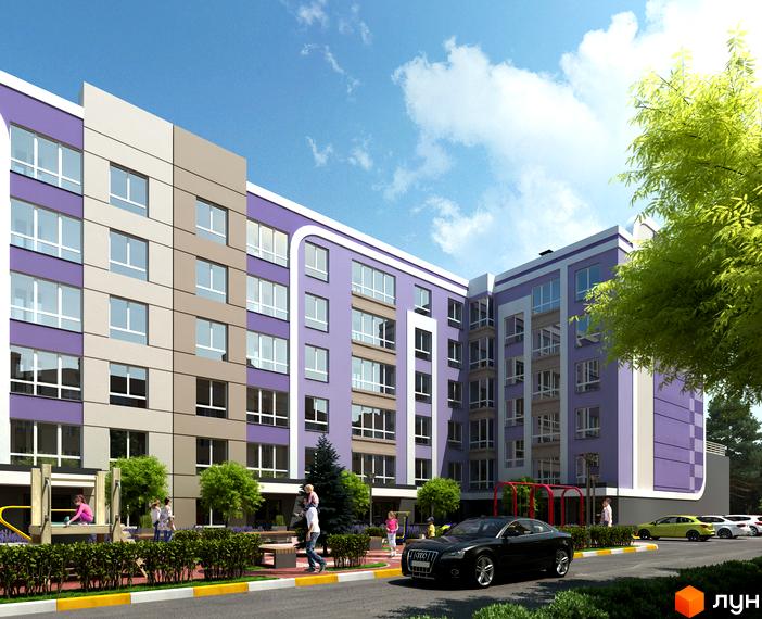 Зображення фасаду та прибудинкової території Житлового комплексу Rococo viol. На передньому плані дитячий майданчик та парковка.