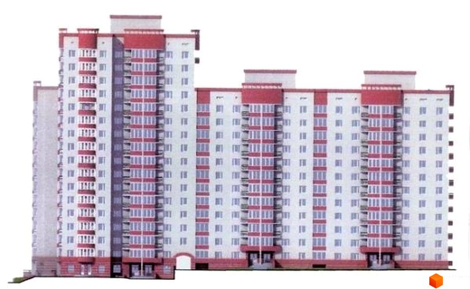 Зовнішній вигляд житлового комплексу Харківське шосе, 58б з червоно-білою фасадною обробкою та балконами. Прибудинкова територія з зеленими насадженнями.