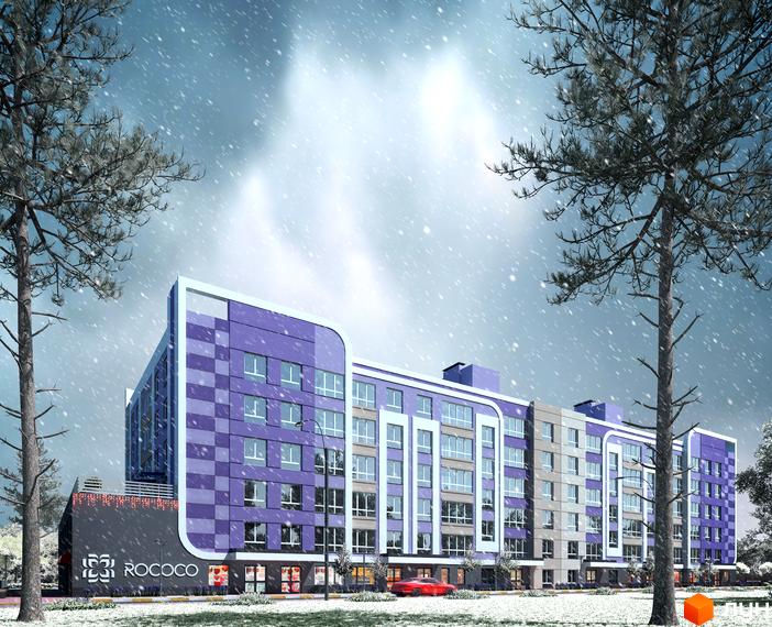 Зображення фасаду будинку Житлового комплексу Rococo viol взимку. Навколо сніг та дерева.