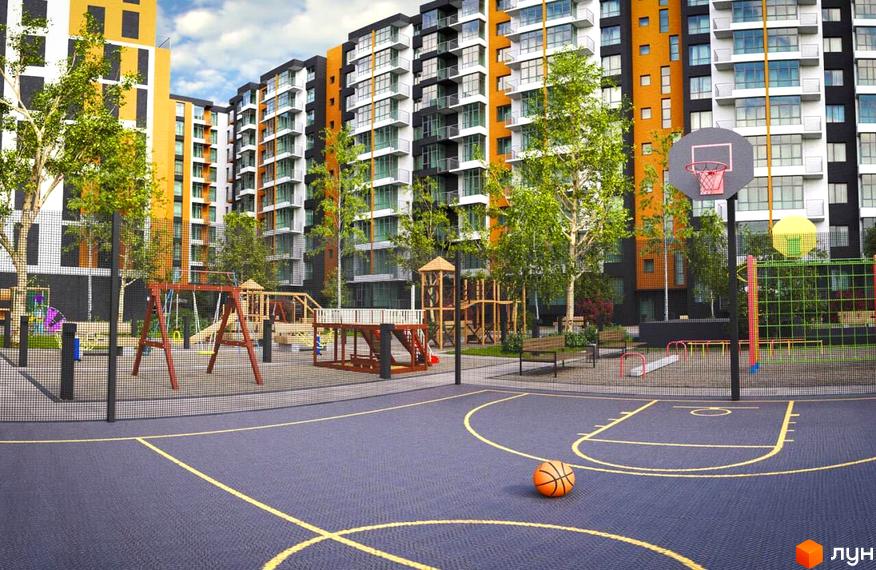Житловий комплекс Comfort City з баскетбольним майданчиком та дитячим майданчиком. Вигляд на багатоповерхові будинки з прибудинковою територією.