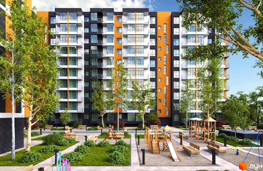 Зображення фасаду багатоповерхового будинку в Житловому комплексі Comfort City. На території дитячий майданчик, зелені насадження та лавки для відпочинку.