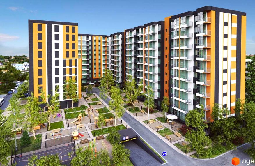 Зображення фасаду Комплексу Comfort City. На фото видно багатоповерхові будинки та облаштований двір з дитячим майданчиком.