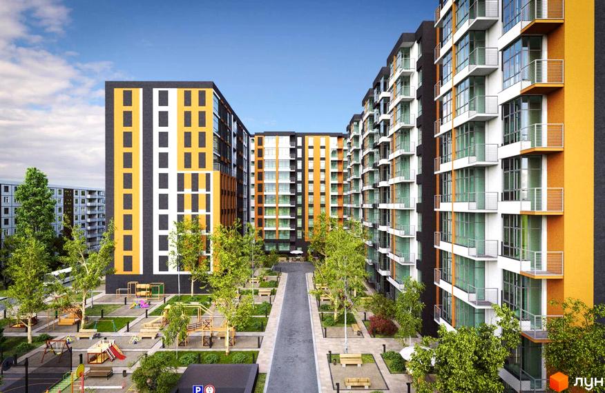 Зображення фасаду та прибудинкової території Житлового комплексу Comfort City. Багатоповерхові будинки з балконами, дитячий майданчик та зелені насадження.