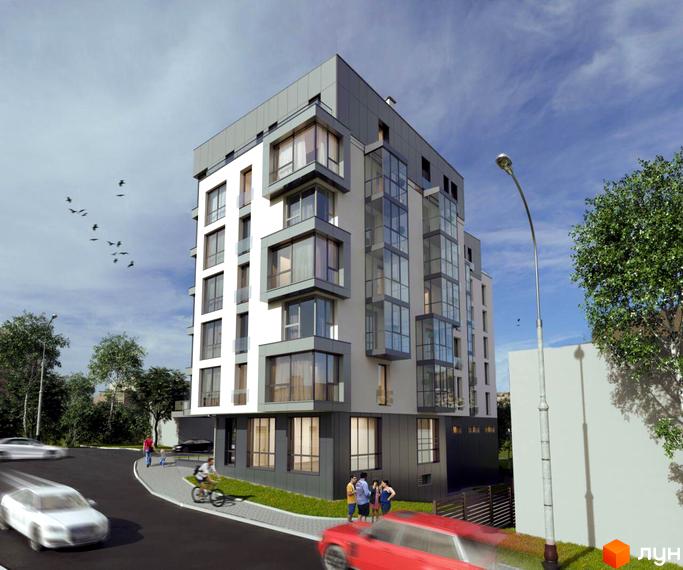 Житловий комплекс Срібний Дім Бізнес: багатоповерховий будинок зі світло-сірим та темно-сірим фасадом, великими вікнами. Поруч дорога, пішоходи та зелені насадження.