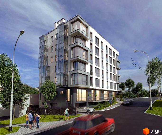 Житловий комплекс Срібний Дім Бізнес: багатоповерховий будинок з білим фасадом, сірими елементами та великими вікнами. Навколо зелені насадження, тротуар та дорога.