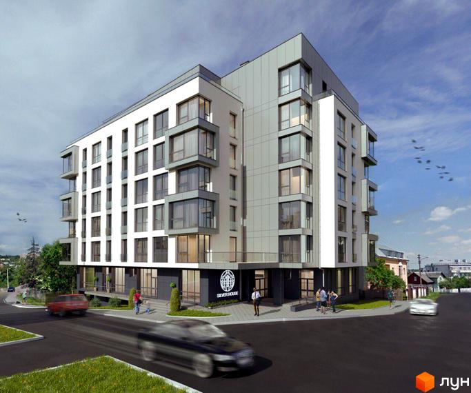 Зображення фасаду будинку Житловий комплекс Silver House Бізнес. Багатоповерхова будівля з великими вікнами та сірою обробкою, розташована біля дороги.