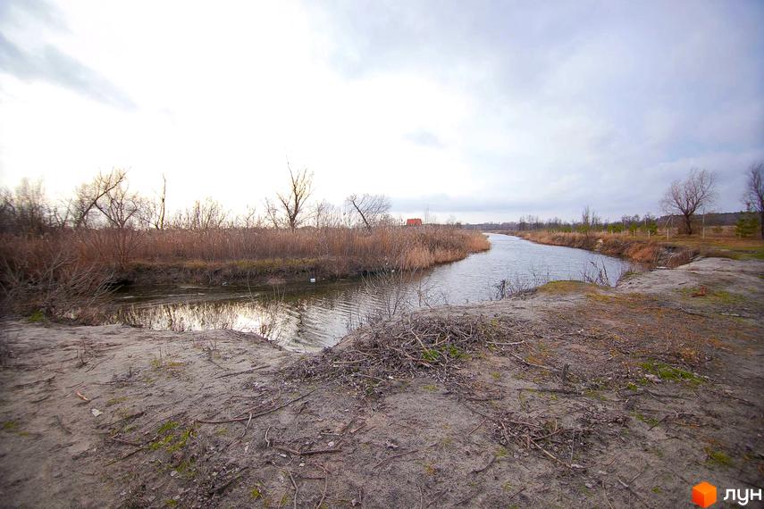 Зображення річки біля Котеджного містечка Лісова Пристань. Навколо річки ростуть дерева та очерет.