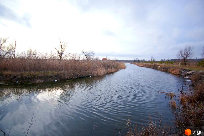 Вид на річку біля Котеджного містечка Лісова Пристань. На березі ростуть очерети та дерева без листя.