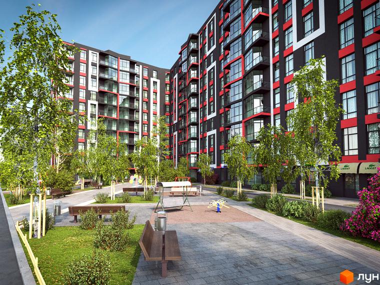 Новобудова ЖК Соната з червоно-чорним фасадом та великими вікнами, зеленою прибудинковою територією з деревами та дитячим майданчиком.