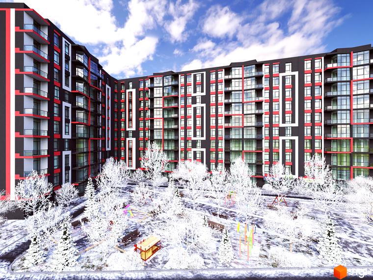Житловий комплекс Соната з фасадом у чорно-червоних тонах та засніженим подвір'ям з деревами та дитячим майданчиком.