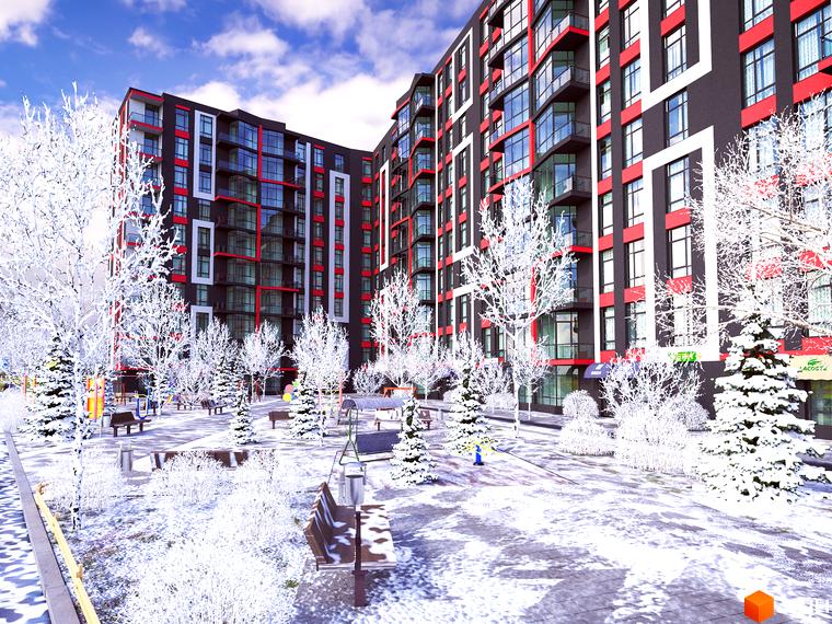 Житловий комплекс Sonata взимку з засніженими деревами та сучасним фасадом. Територія комплексу з лавками та дитячим майданчиком.