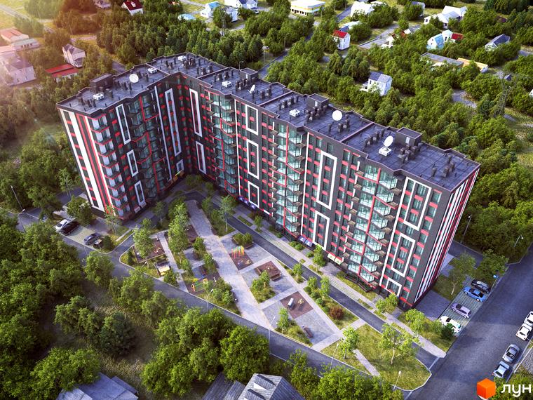 Житловий комплекс Sonata - це багатоповерхова новобудова з фасадом, оздобленим червоними та білими прямокутними елементами. Навколо будинку розташовані зелені насадження та дитячі майданчики.