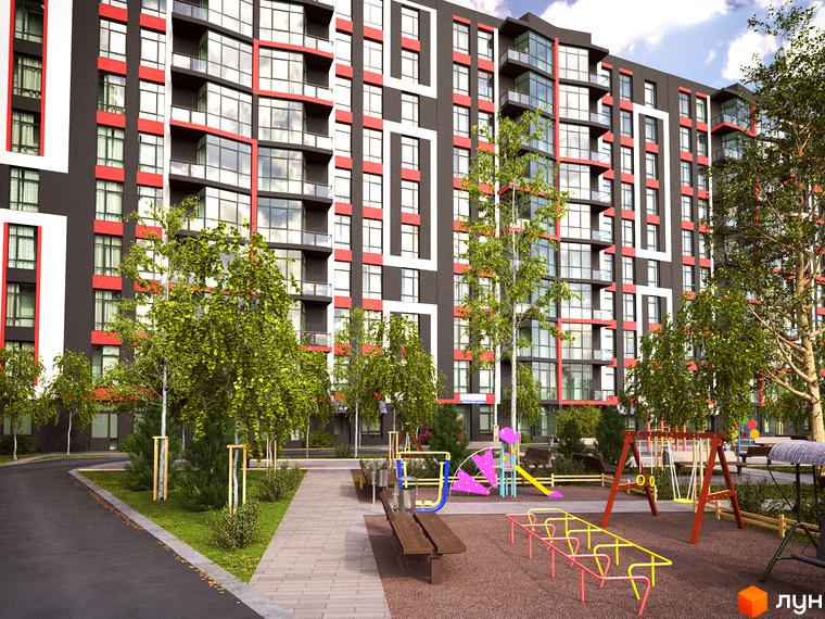 Житловий комплекс Sonata з фасадом у чорно-білих тонах з червоними акцентами та дитячим майданчиком на прибудинковій території.