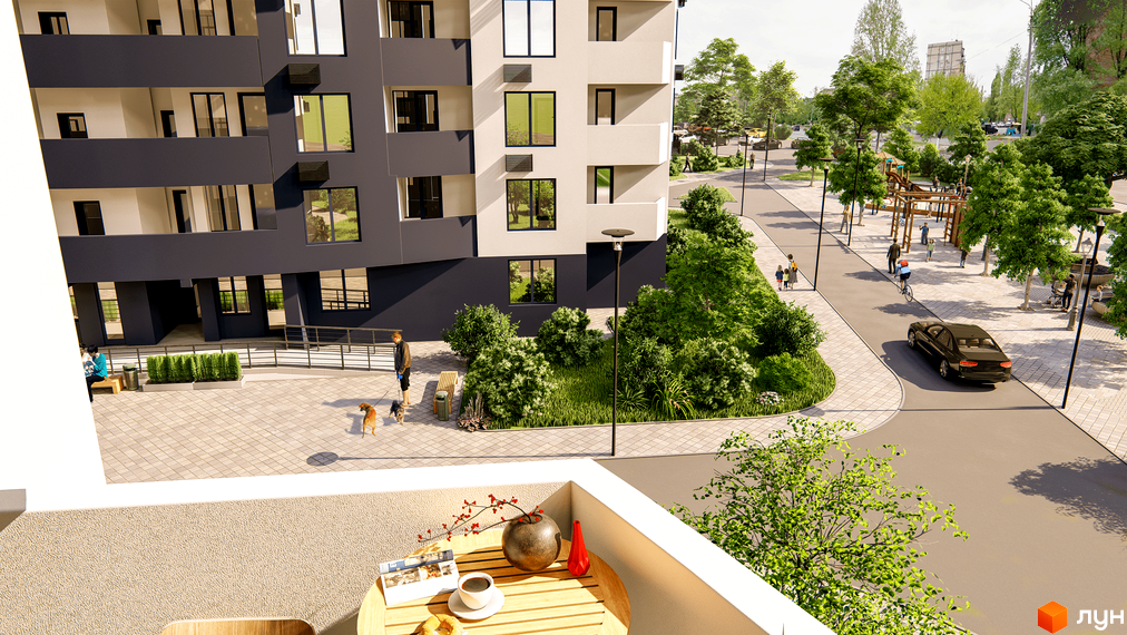 Житловий комплекс Райдужний: фасади будівель з темними та світлими елементами, балконами. Прибудинкова територія з дитячим майданчиком, деревами та пішохідними доріжками.