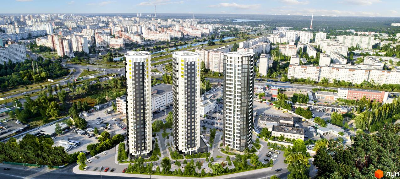 Житловий комплекс Райдужний: три висотні будинки з біло-сірими фасадами та жовтими акцентами. Навколо зелена зона з деревами та доглянутою прибудинковою територією.